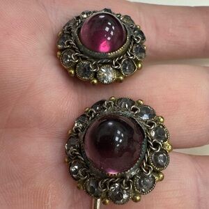 Antique Sterling silver and amethyst color crystals round clip on earrings